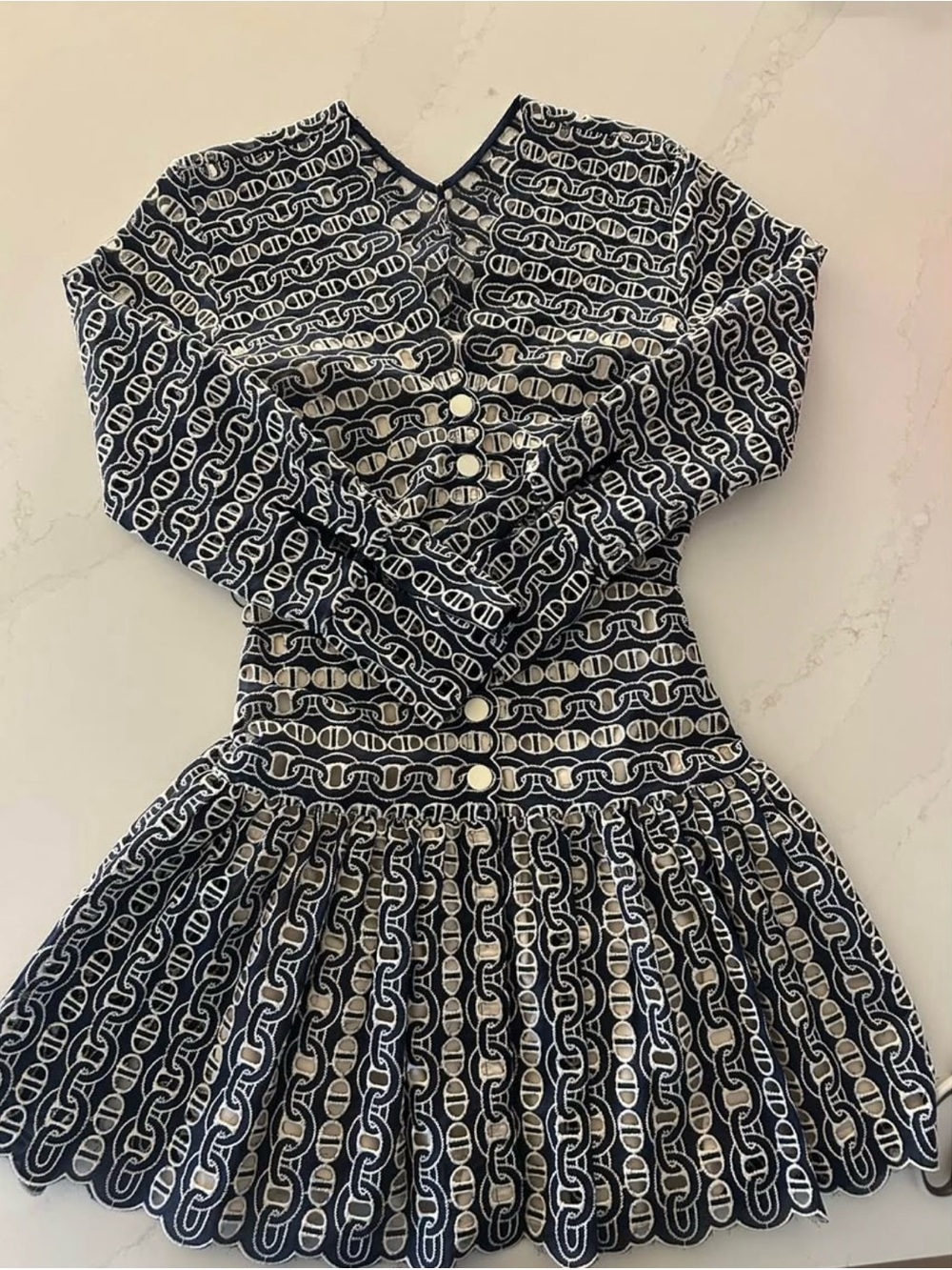 Sandro Navy & White Chain Motif Long-Sleeve Pleated Dress